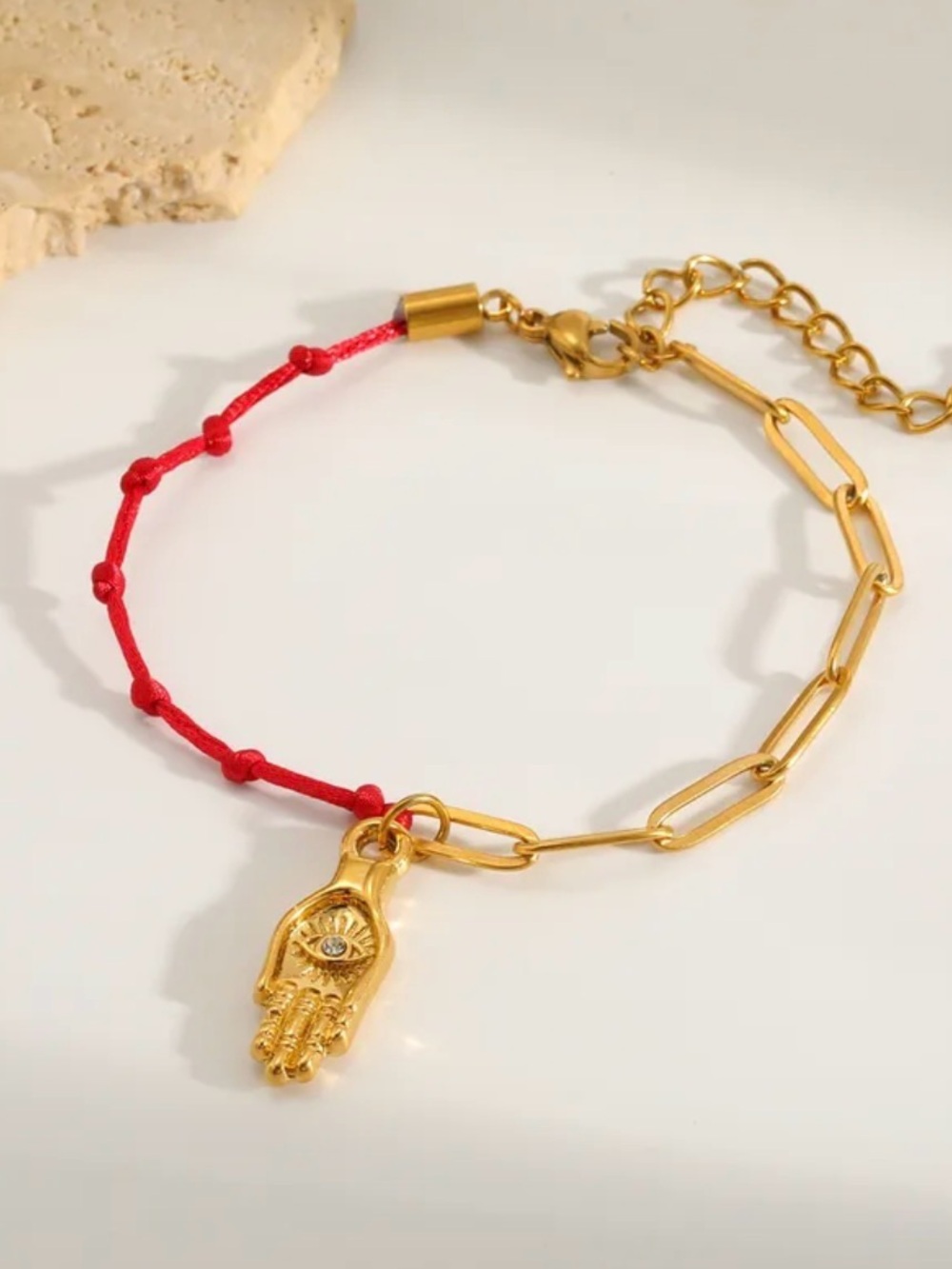 Gold Hamsa Evil Eye Bracelet | Red String Paperclip Chain